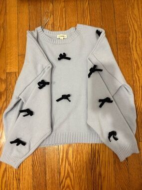 eesome Light Blue Crewneck Sweater with Black Bow Accents